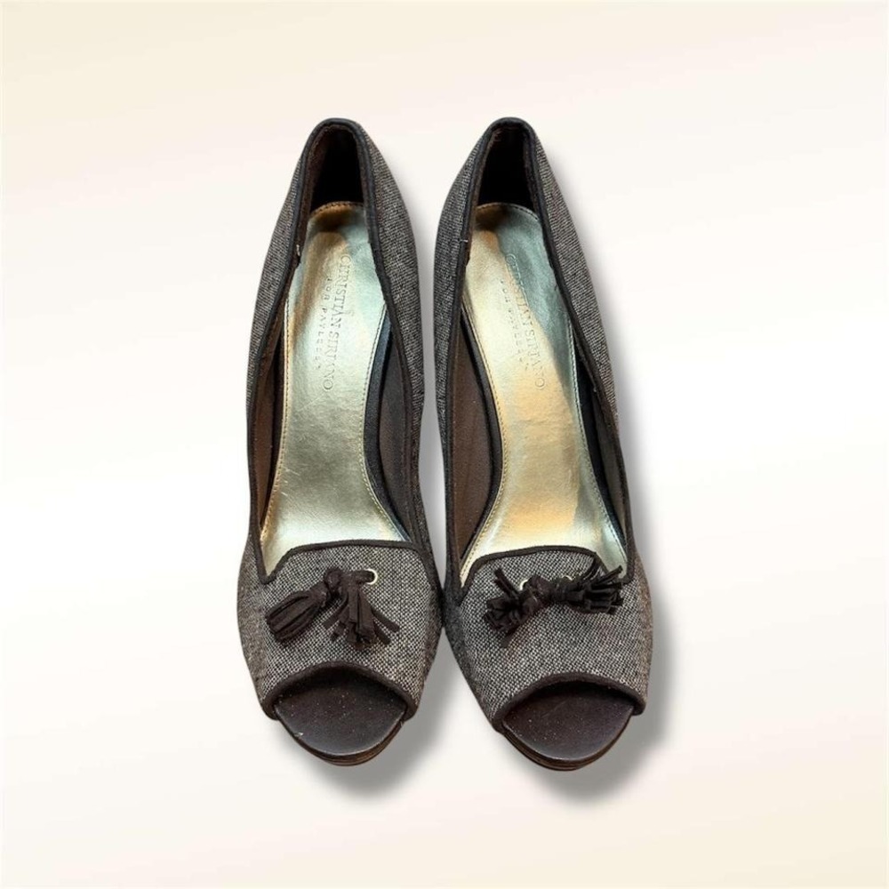 Brown Tweed Bow Platform Heels - Picture 2 of 5